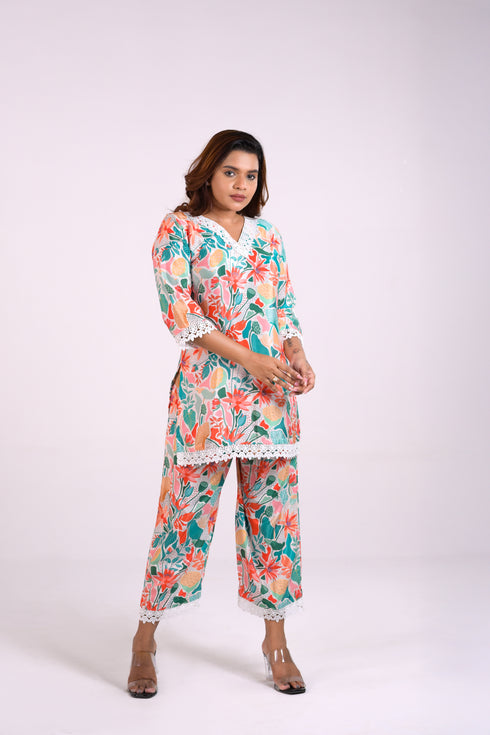 Floral Crepe Co-Ord Set with White Lace