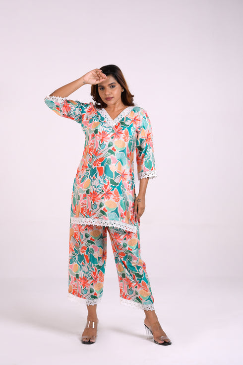 Floral Crepe Co-Ord Set with White Lace