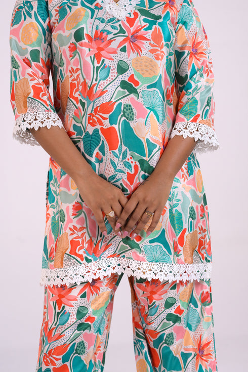 Floral Crepe Co-Ord Set with White Lace