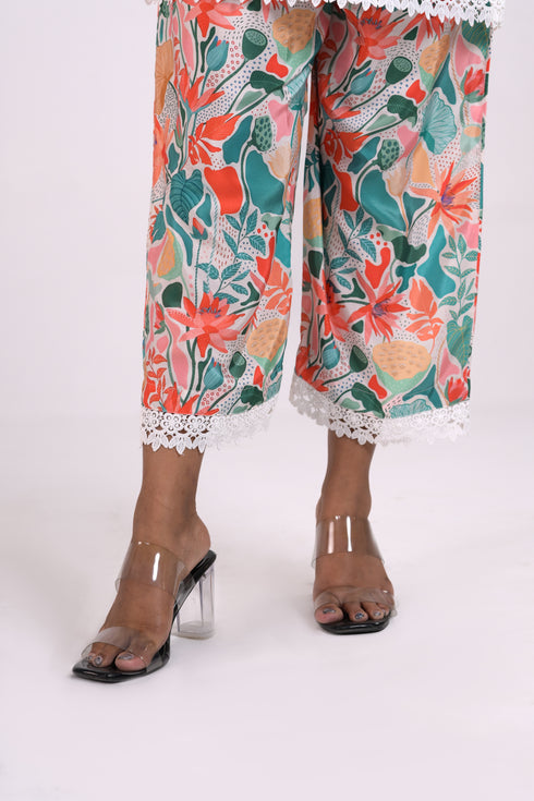 Floral Crepe Co-Ord Set with White Lace