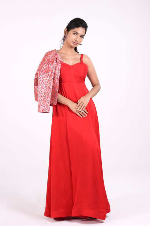 Red Bemberg Silk Corset Gown w/ Brocade Coat