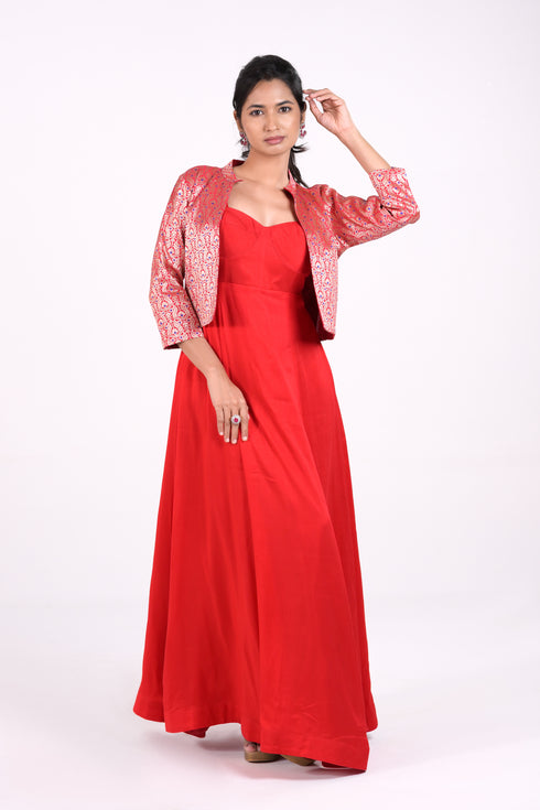 Red Bemberg Silk Corset Gown w/ Brocade Coat