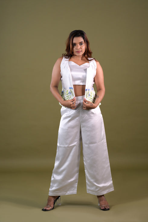 White Modal Satin 3-Piece Set (Crop Top, Coat and Pants)