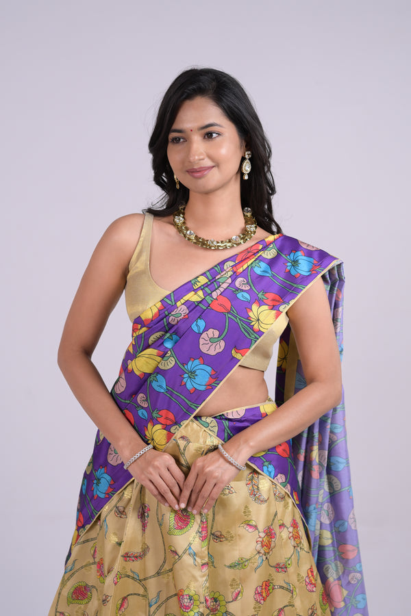 Beige & Purple Benaras Silk Lehenga