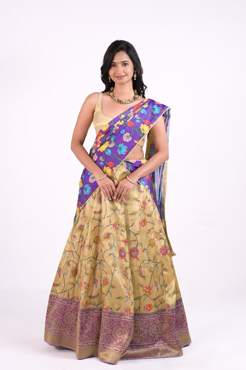 Beige & Purple Benaras Silk Lehenga