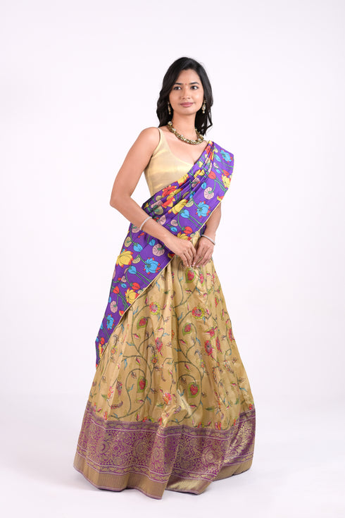 Beige & Purple Benaras Silk Lehenga