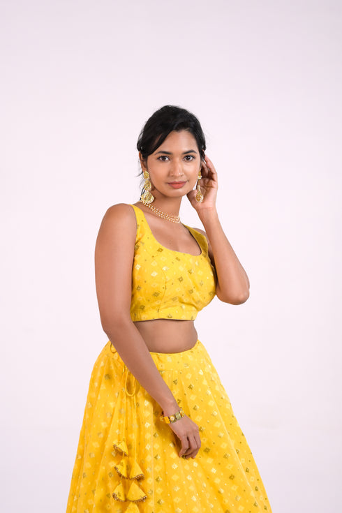 Yellow Cotton Chanderi Lehenga