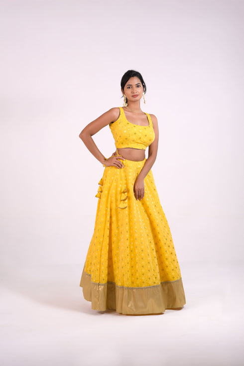 Yellow Cotton Chanderi Lehenga