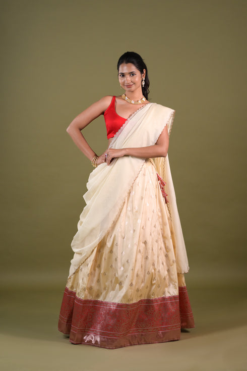 White & Red Benaras Silk Lehenga w/ Organza Dupatta