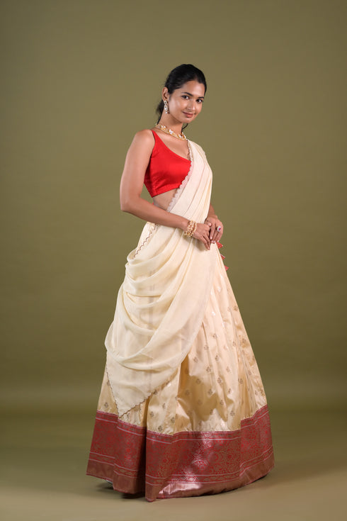 White & Red Benaras Silk Lehenga w/ Organza Dupatta