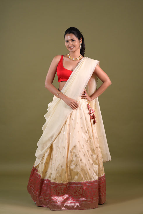 White & Red Benaras Silk Lehenga w/ Organza Dupatta