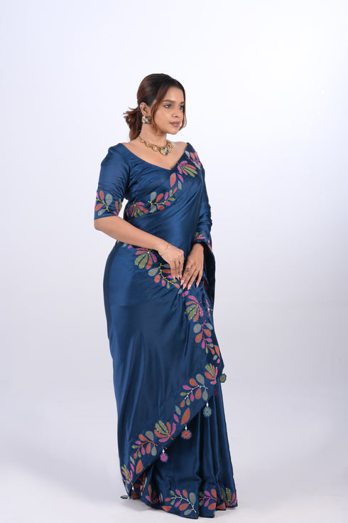 Navy Blue Modal Satin Saree w/ Applique