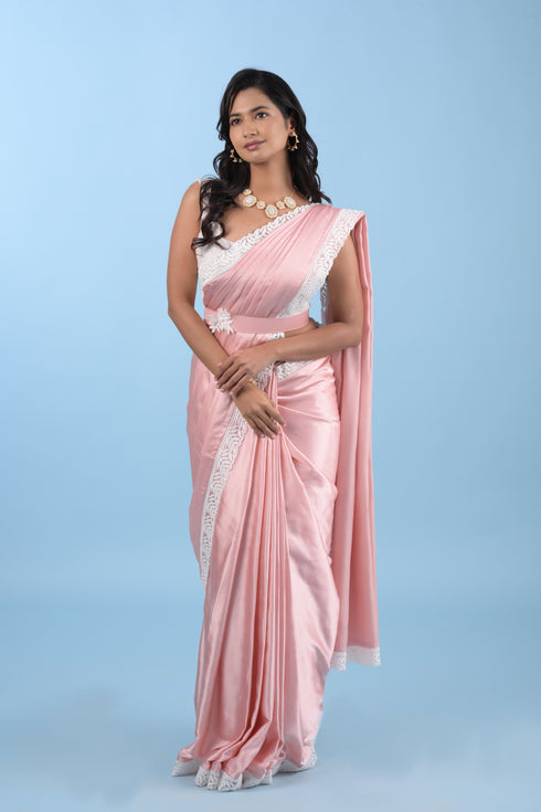 Pastel Pink Modal Satin Saree w/ Belt
