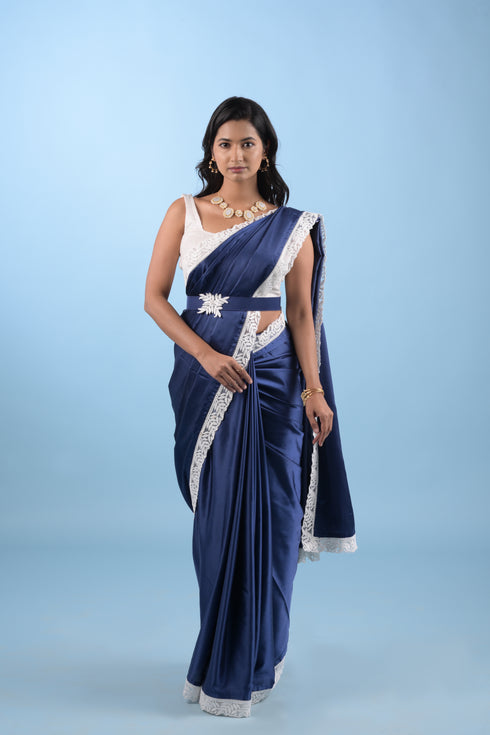 Navy Blue Modal Satin Saree w/ Belt