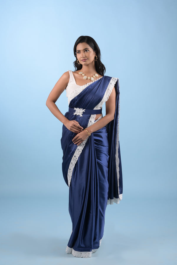 Navy Blue Modal Satin Saree w/ Belt