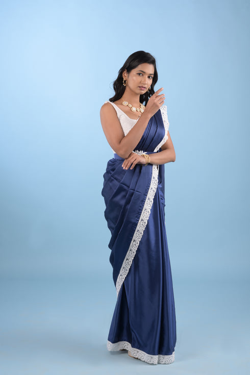 Navy Blue Modal Satin Saree w/ Belt