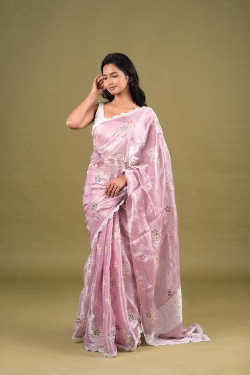 Pastel Pink Shimmer Organza Saree