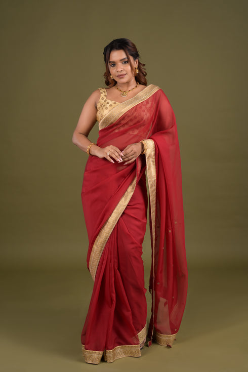 Red Organza Saree with Benaras Border