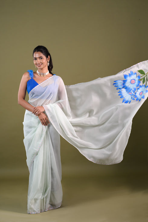 Pastel Blue and White Organza Saree
