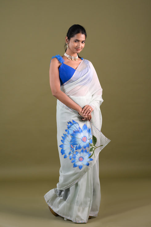 Pastel Blue and White Organza Saree