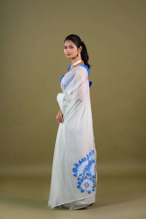 Pastel Blue and White Organza Saree