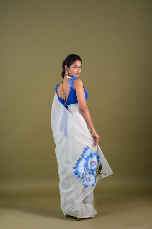 Pastel Blue and White Organza Saree
