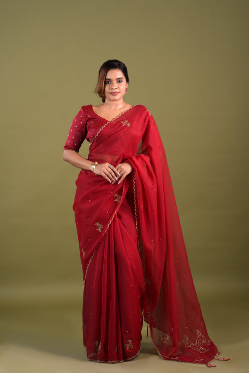 Red Organza Saree w/ Deer Motifs