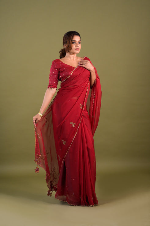 Red Organza Saree w/ Deer Motifs