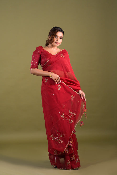 Red Organza Saree w/ Deer Motifs