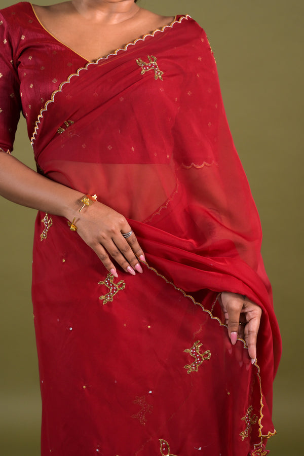 Red Organza Saree w/ Deer Motifs